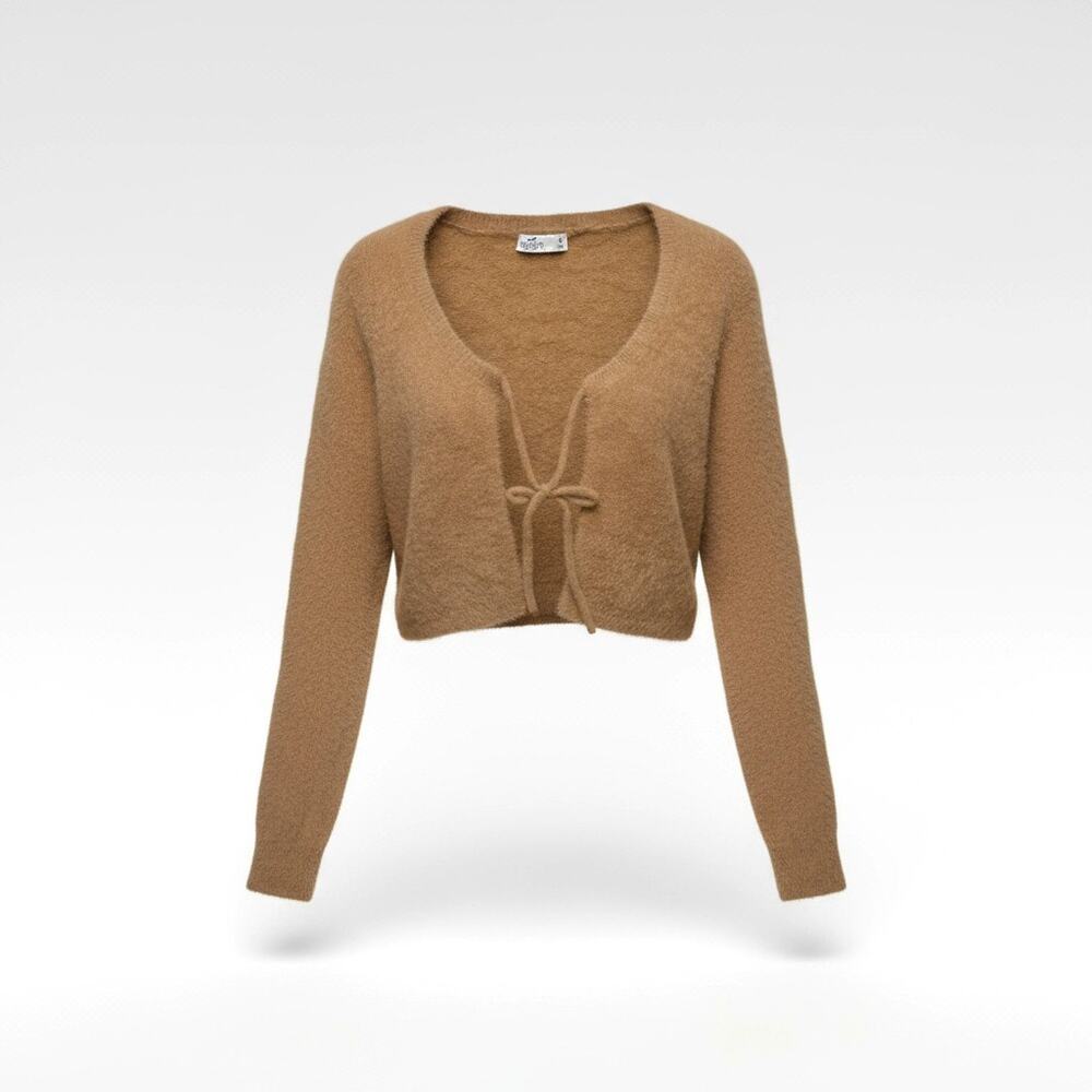 Hollister Camel Tan Fuzzy Tie-Front Cropped Cardigan Size Medium